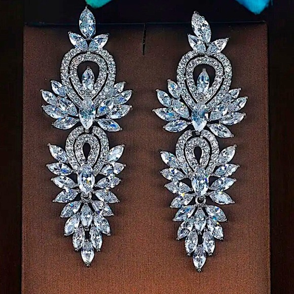 Silver Cubic Zirconia Wedding Earrings, Bridal, Dangle, Anniversary - Picture 12 of 13